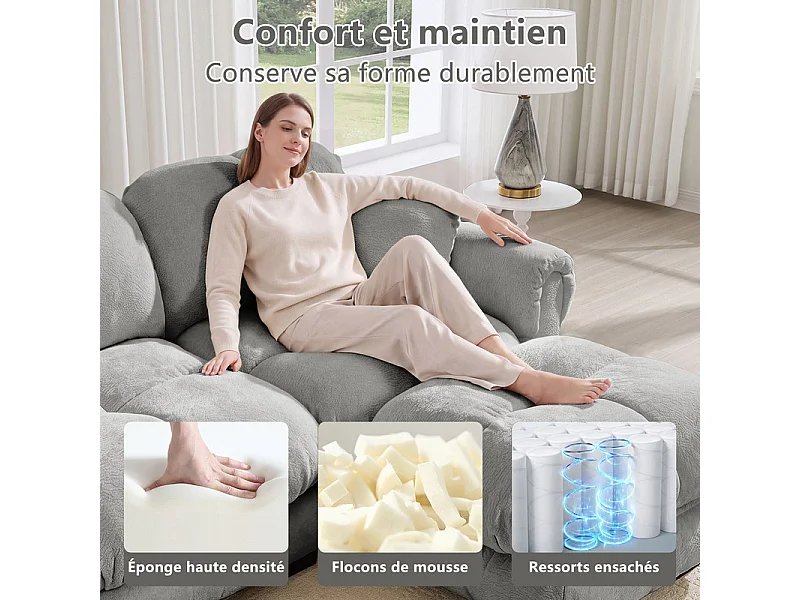 Canapé d'angle modulable en Chenille, avec pouf amovible et 2 oreillers, 190x149x90cm, Gris