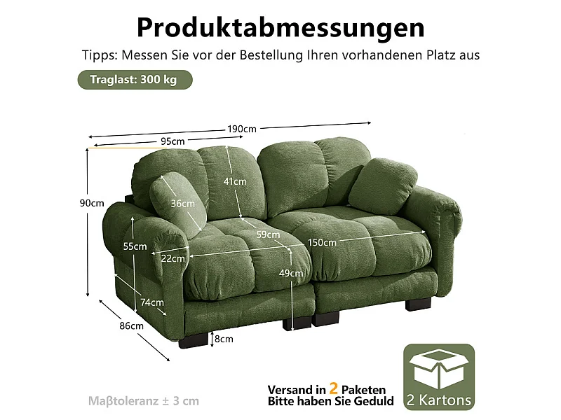 Sofá 2 plazas en Chenilla, con asiento acolchado y 2 cojines, 190x86x90cm, Verde