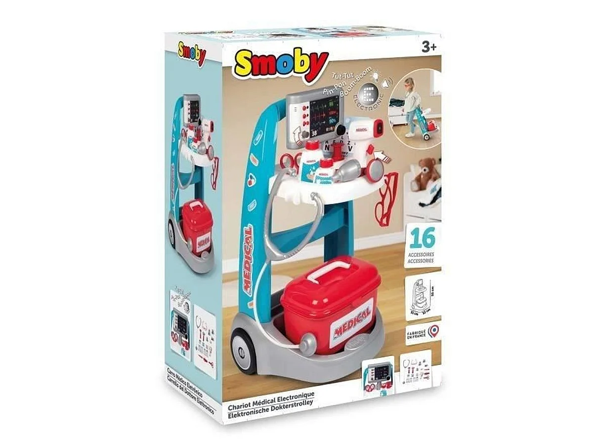 Smoby Chariot médical électronique avec effets sonores et lumineux, mallette et 25 accessoires