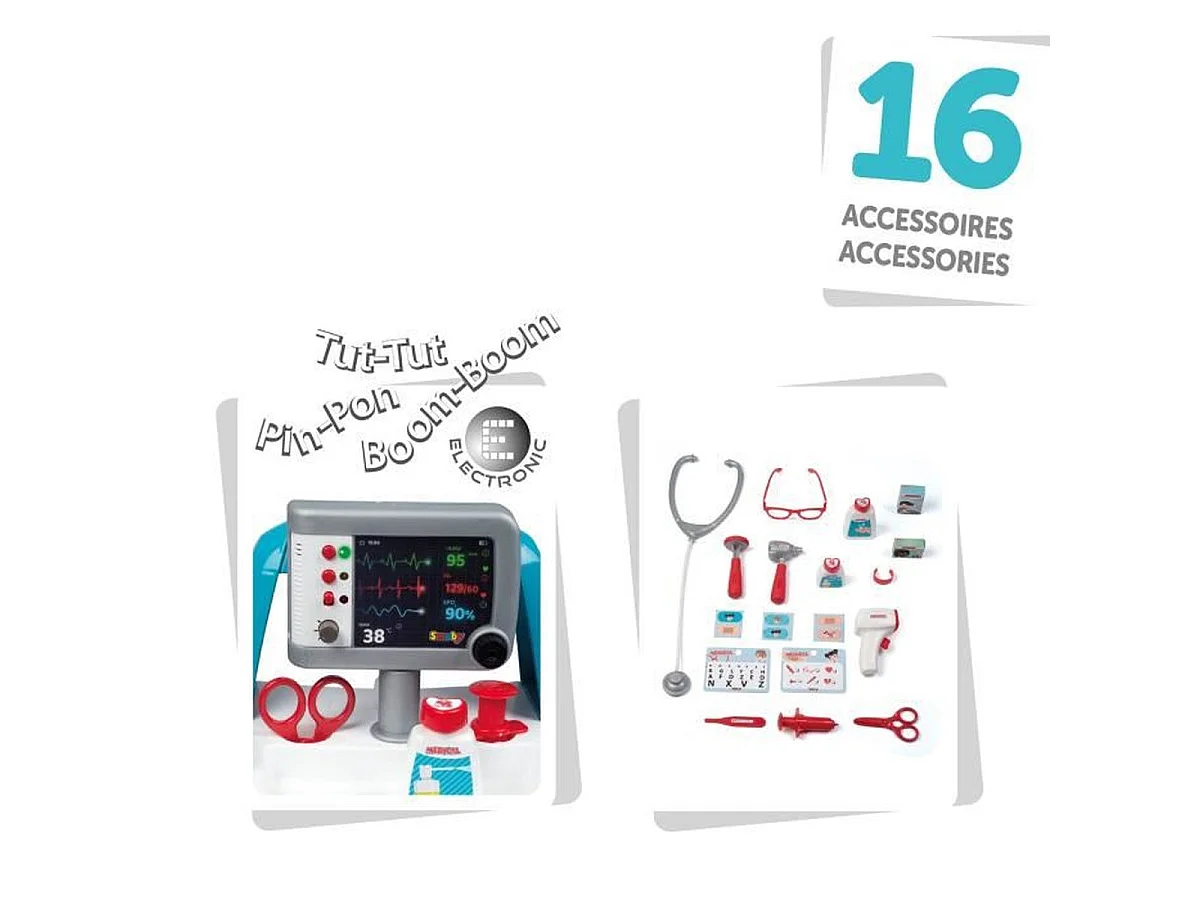 Smoby Chariot médical électronique avec effets sonores et lumineux, mallette et 25 accessoires