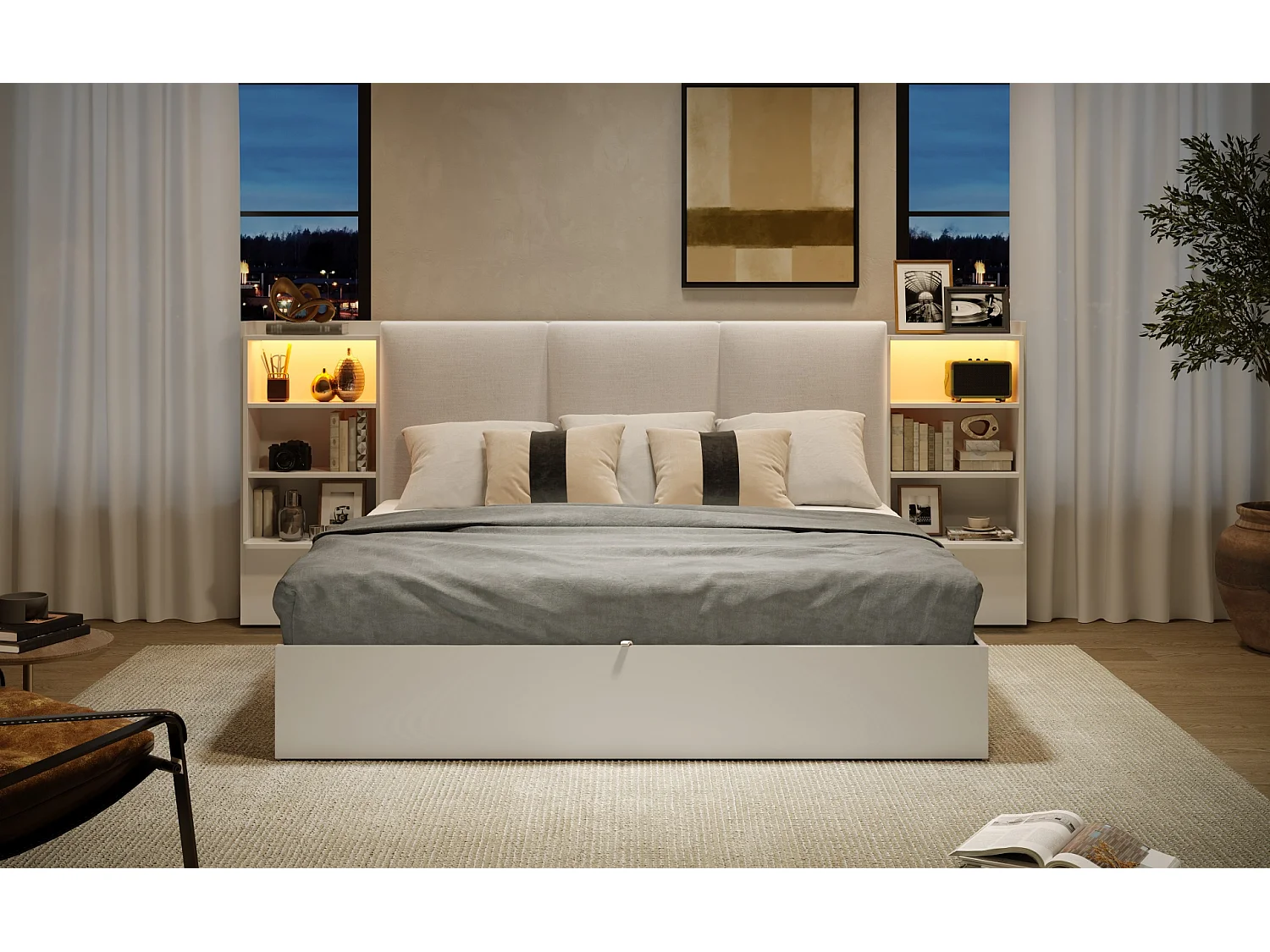 180 x 200 cm Stauraumbett mit 6 Fächern und LED-Beleuchtung - MDF + Sperrholz + Leinen - Weiß (Matratze nicht enthalten)