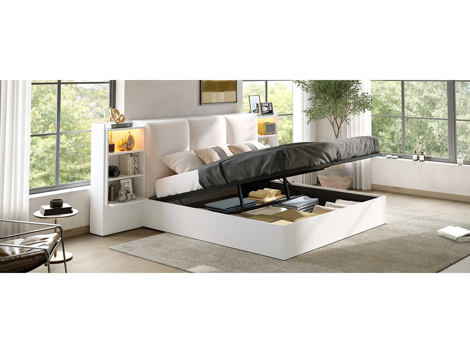 180 x 200 cm Stauraumbett mit 6 Fächern und LED-Beleuchtung - MDF + Sperrholz + Leinen - Weiß (Matratze nicht enthalten)
