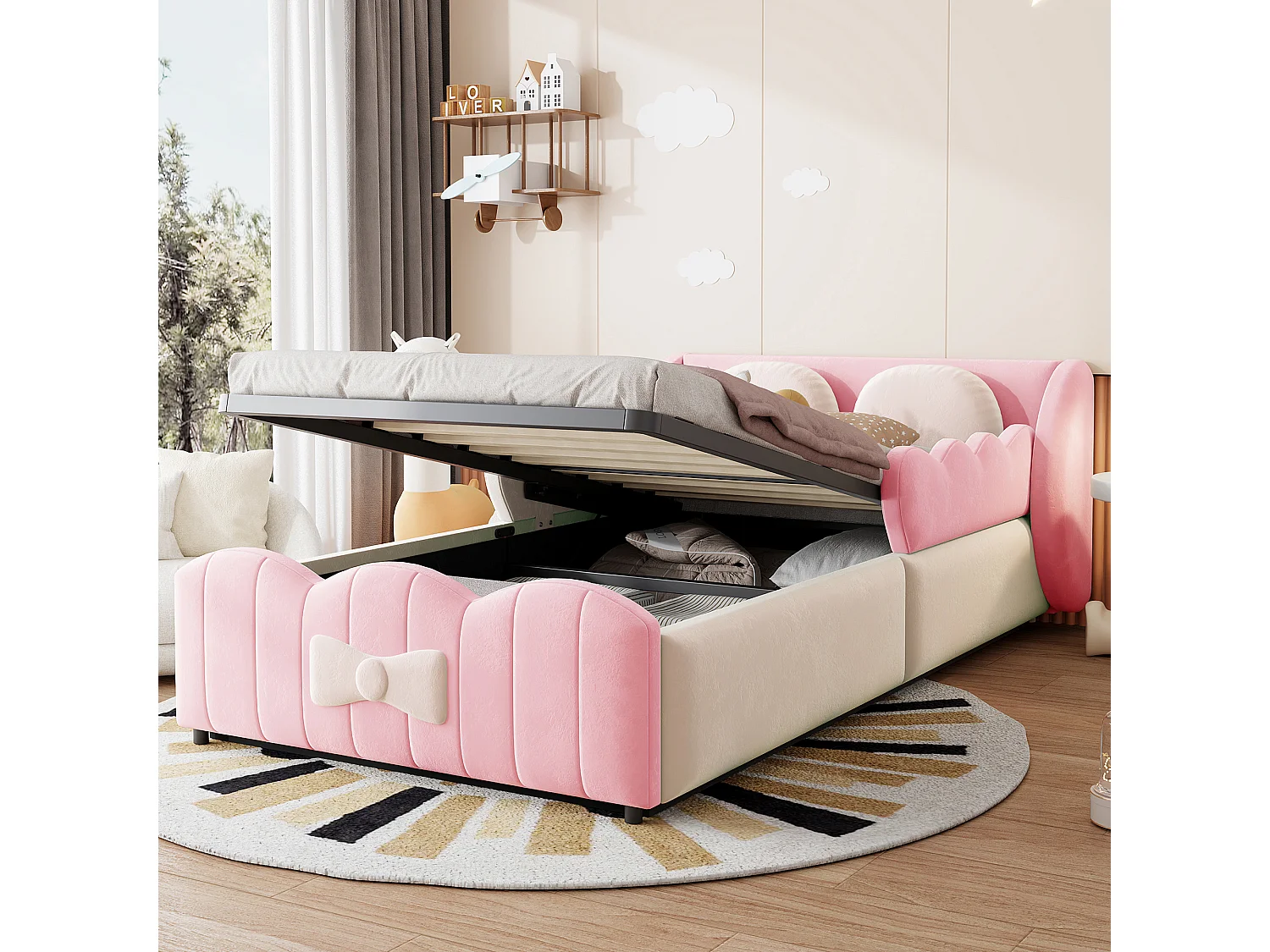 Lit coffre 90 x 200 cm avec coffre hydraulique, 2 coussins et design ailes - Velours - Rose (Sans matelas)