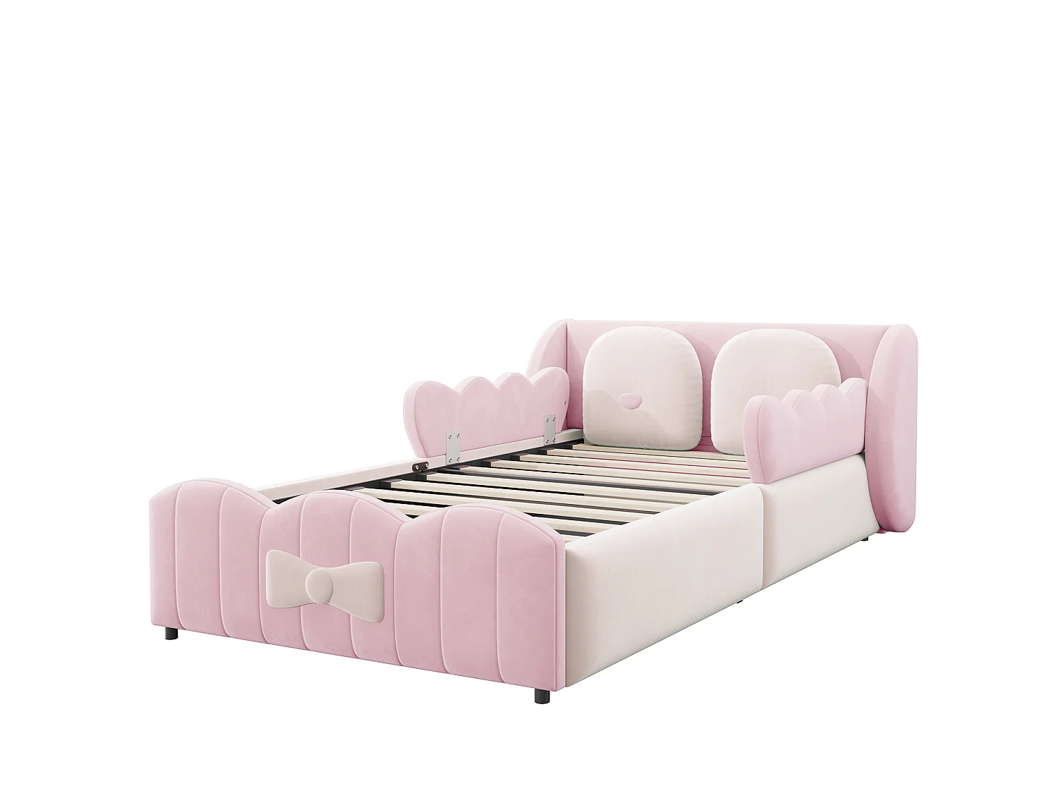 Lit coffre 90 x 200 cm avec coffre hydraulique, 2 coussins et design ailes - Velours - Rose (Sans matelas)
