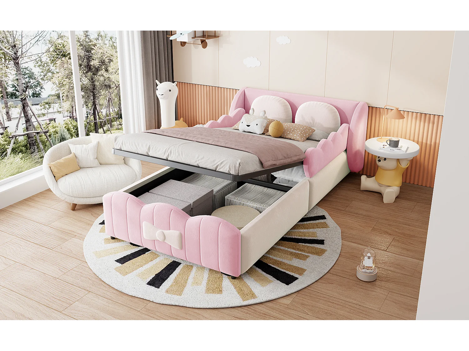 Lit coffre 90 x 200 cm avec coffre hydraulique, 2 coussins et design ailes - Velours - Rose (Sans matelas)