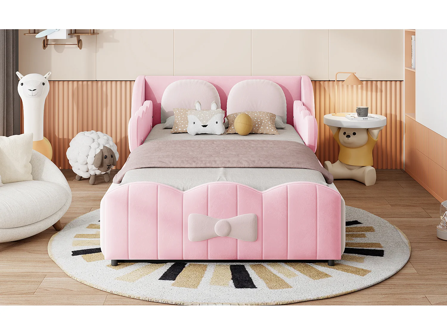 Lit coffre 90 x 200 cm avec coffre hydraulique, 2 coussins et design ailes - Velours - Rose (Sans matelas)