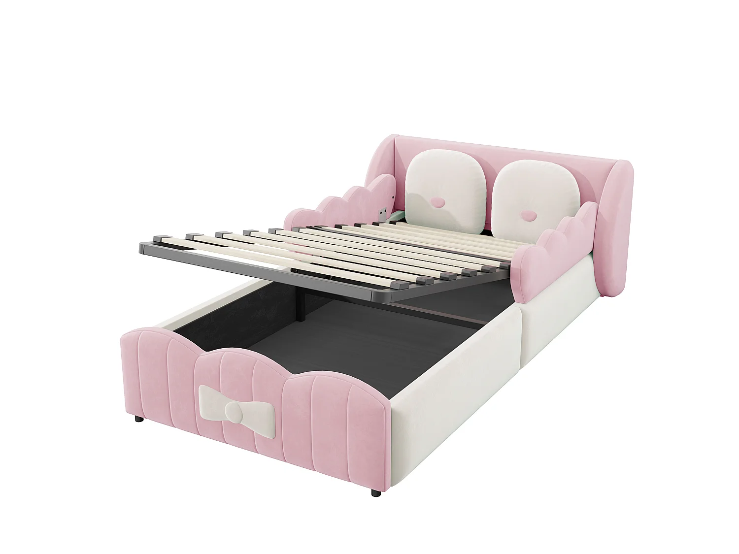 Lit coffre 90 x 200 cm avec coffre hydraulique, 2 coussins et design ailes - Velours - Rose (Sans matelas)