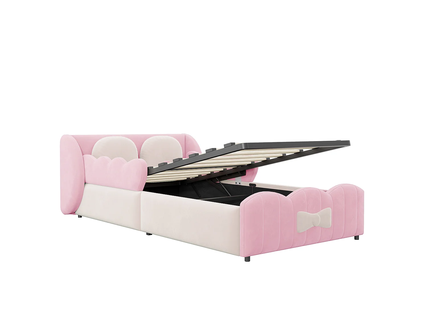 Lit coffre 90 x 200 cm avec coffre hydraulique, 2 coussins et design ailes - Velours - Rose (Sans matelas)
