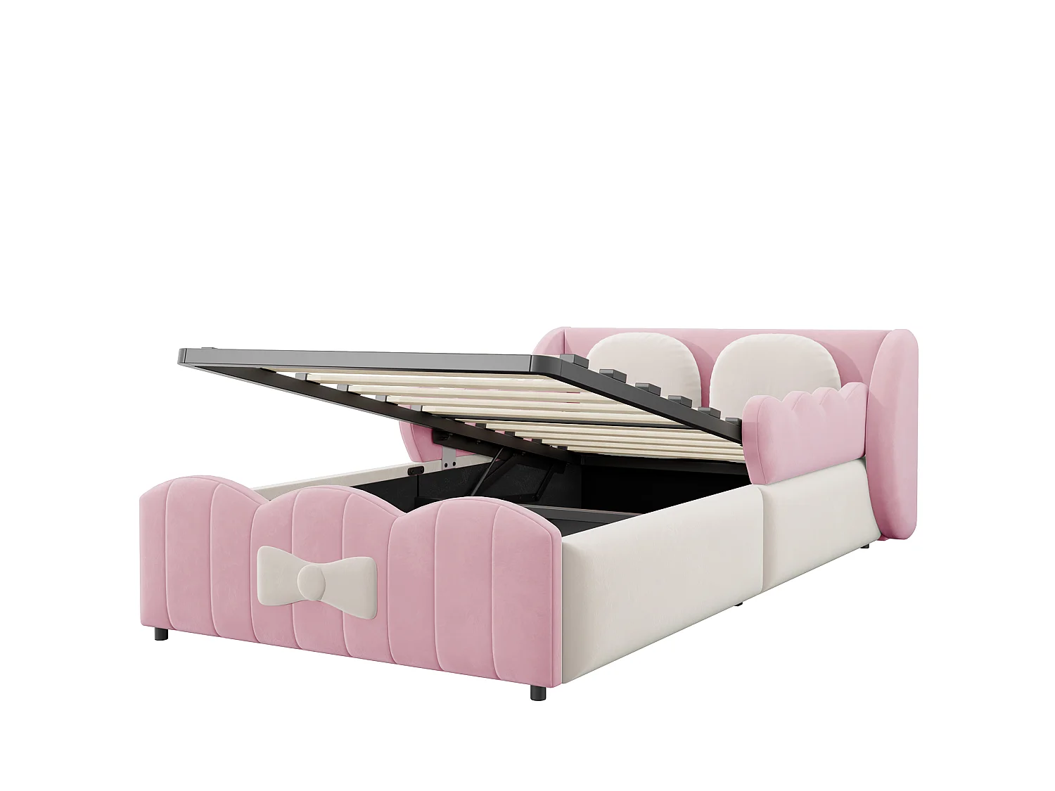 Lit coffre 90 x 200 cm avec coffre hydraulique, 2 coussins et design ailes - Velours - Rose (Sans matelas)
