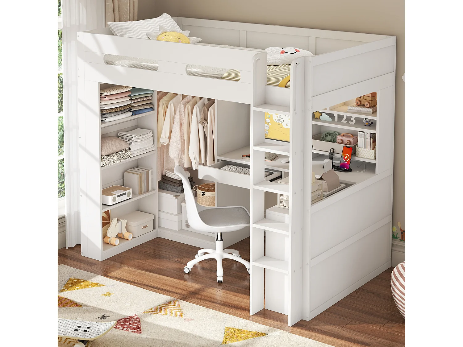Loft bed 90 x 200 cm with desk, wardrobe, drawer, shelves, LED and charging station - Pine + MDF - White (Mattress not included)