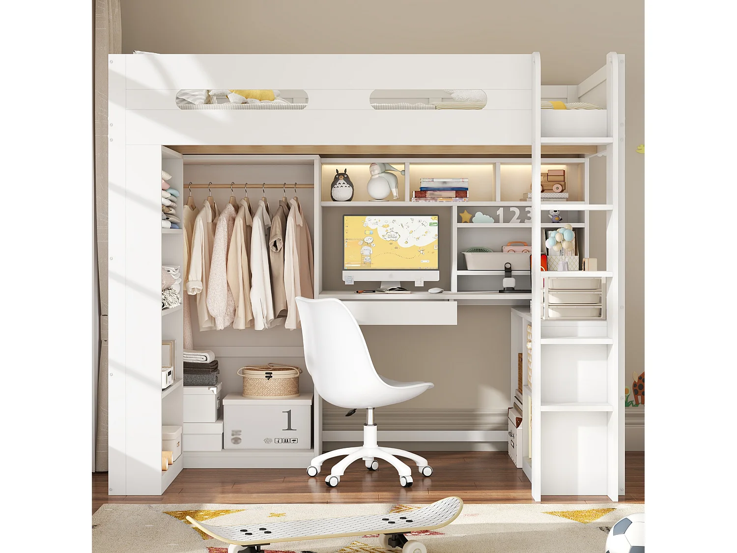 Loft bed 90 x 200 cm with desk, wardrobe, drawer, shelves, LED and charging station - Pine + MDF - White (Mattress not included)