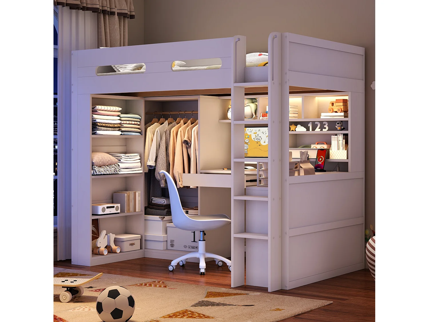 Loft bed 90 x 200 cm with desk, wardrobe, drawer, shelves, LED and charging station - Pine + MDF - White (Mattress not included)