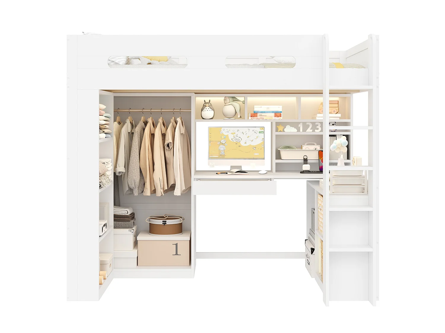 Loft bed 90 x 200 cm with desk, wardrobe, drawer, shelves, LED and charging station - Pine + MDF - White (Mattress not included)