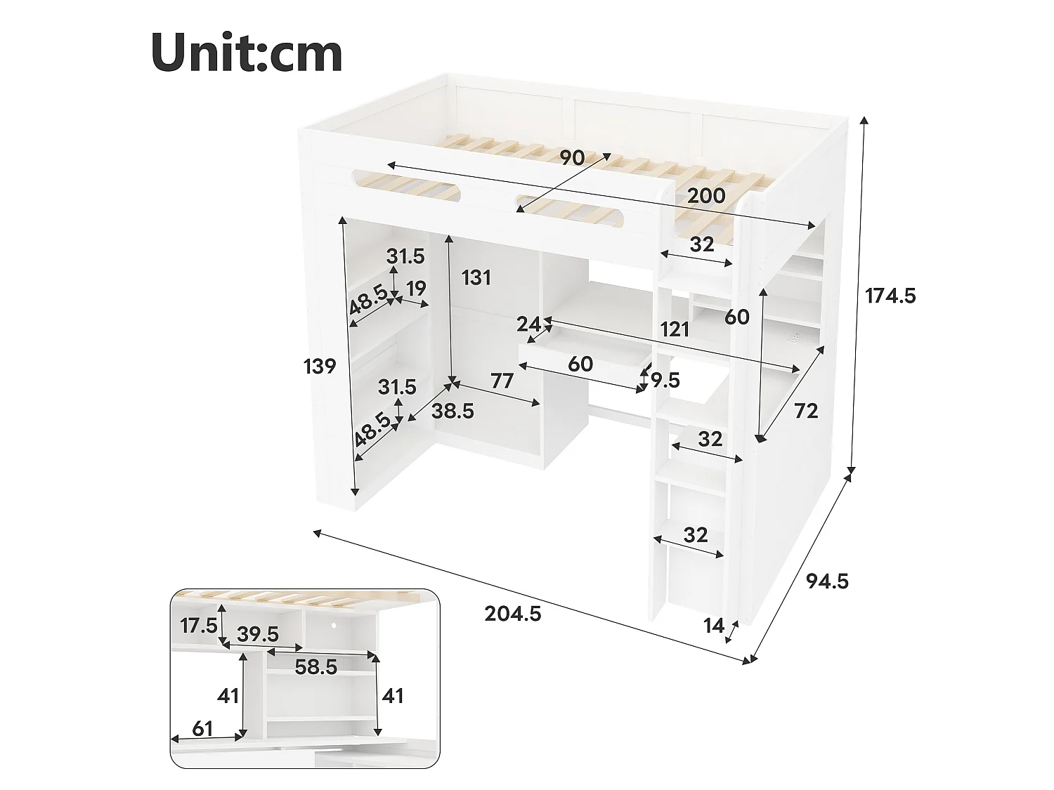 Loft bed 90 x 200 cm with desk, wardrobe, drawer, shelves, LED and charging station - Pine + MDF - White (Mattress not included)