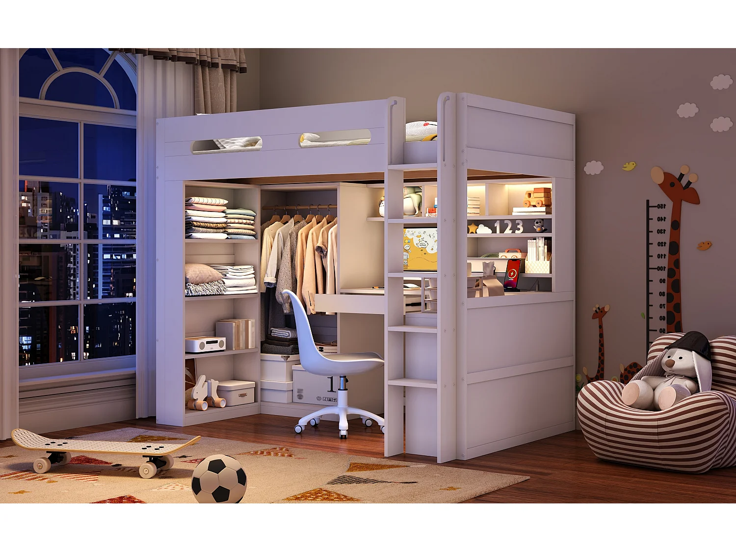 Loft bed 90 x 200 cm with desk, wardrobe, drawer, shelves, LED and charging station - Pine + MDF - White (Mattress not included)