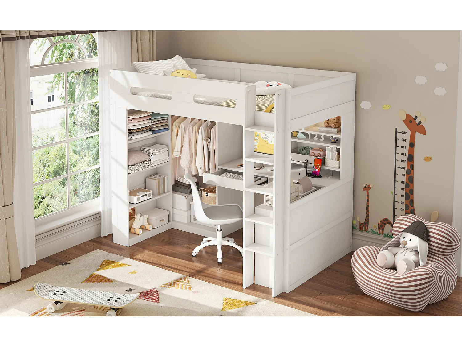 Loft bed 90 x 200 cm with desk, wardrobe, drawer, shelves, LED and charging station - Pine + MDF - White (Mattress not included)