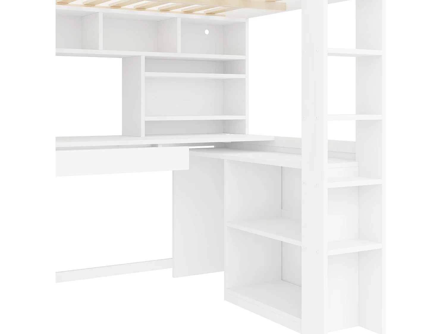 Loft bed 90 x 200 cm with desk, wardrobe, drawer, shelves, LED and charging station - Pine + MDF - White (Mattress not included)