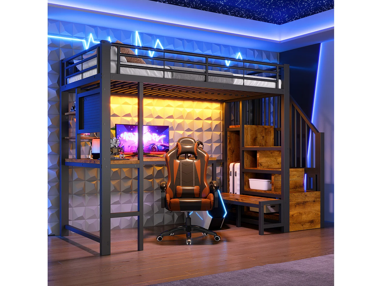 Loft bed 90 x 200 cm with desk, pegboard, shelves, LED and USB/USB-C ports - Metal + MDF - Black (Mattress not included)