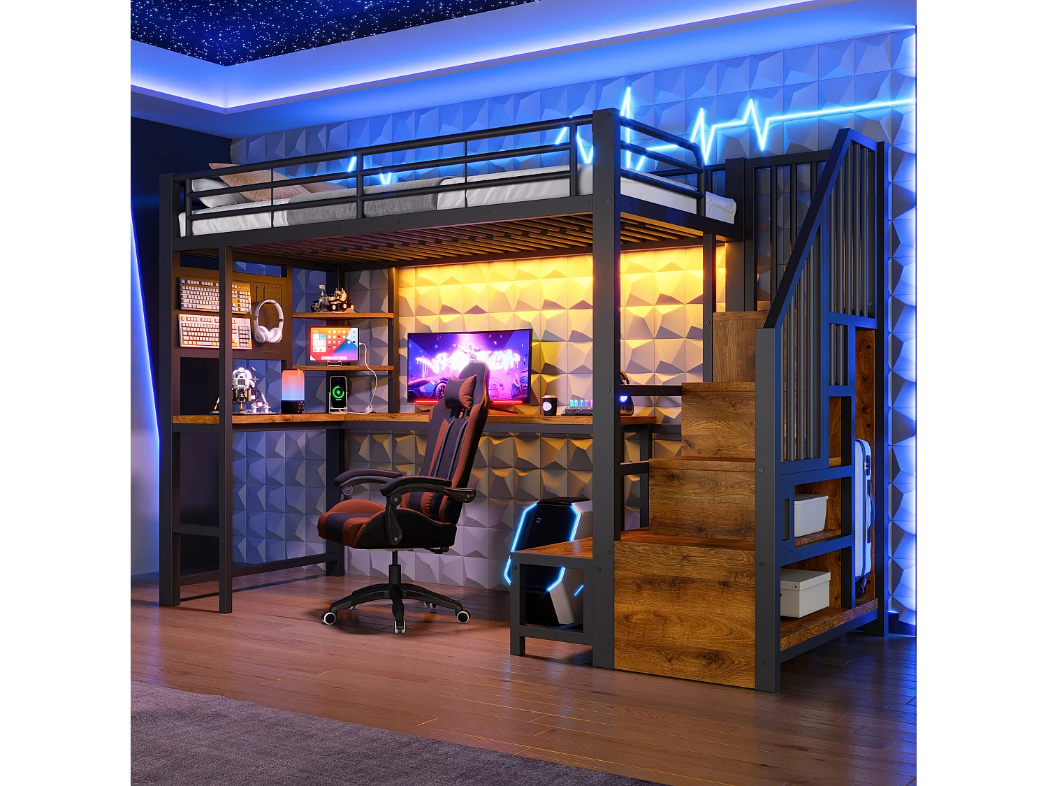 Loft bed 90 x 200 cm with desk, pegboard, shelves, LED and USB/USB-C ports - Metal + MDF - Black (Mattress not included)