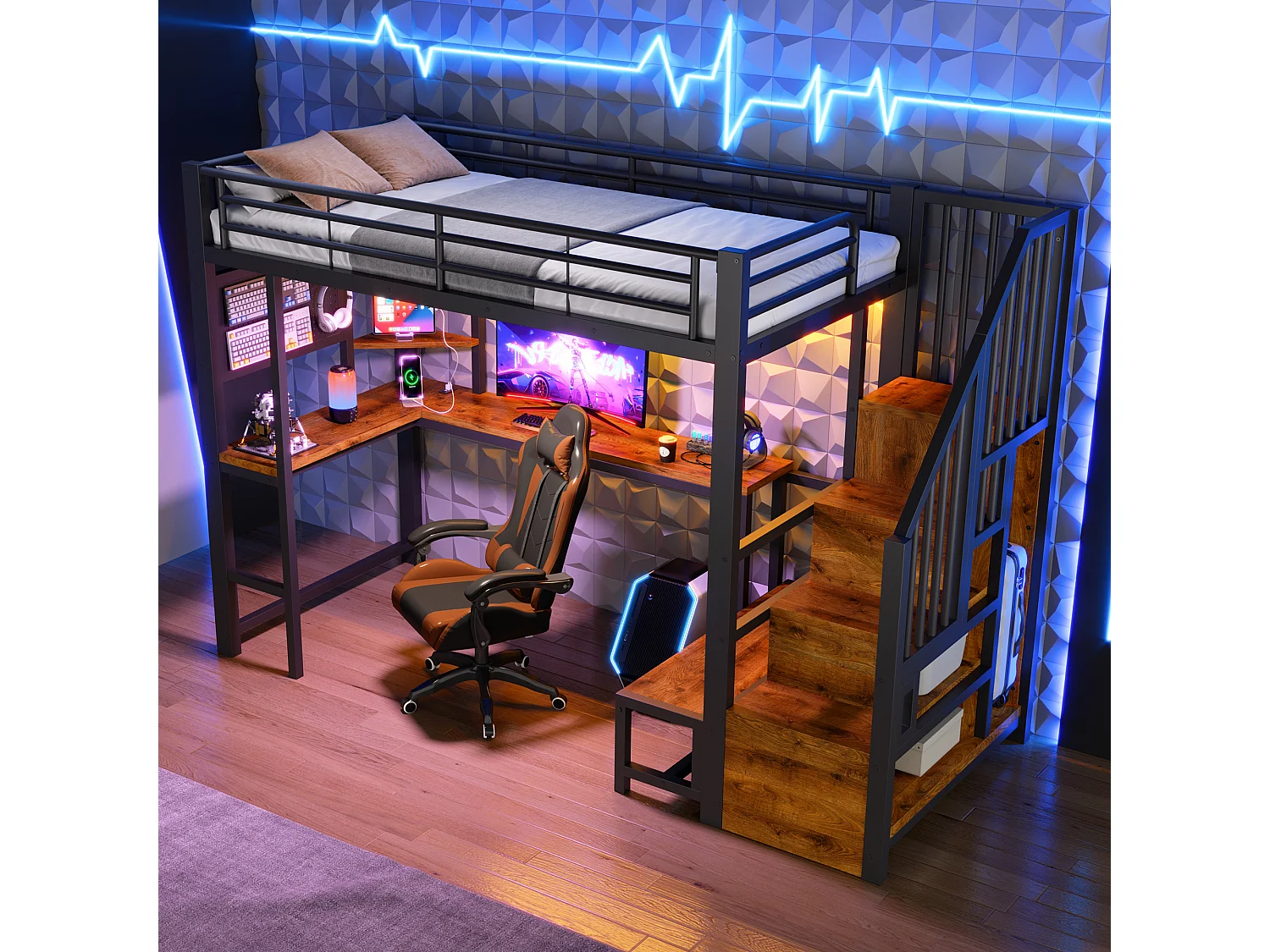 Loft bed 90 x 200 cm with desk, pegboard, shelves, LED and USB/USB-C ports - Metal + MDF - Black (Mattress not included)