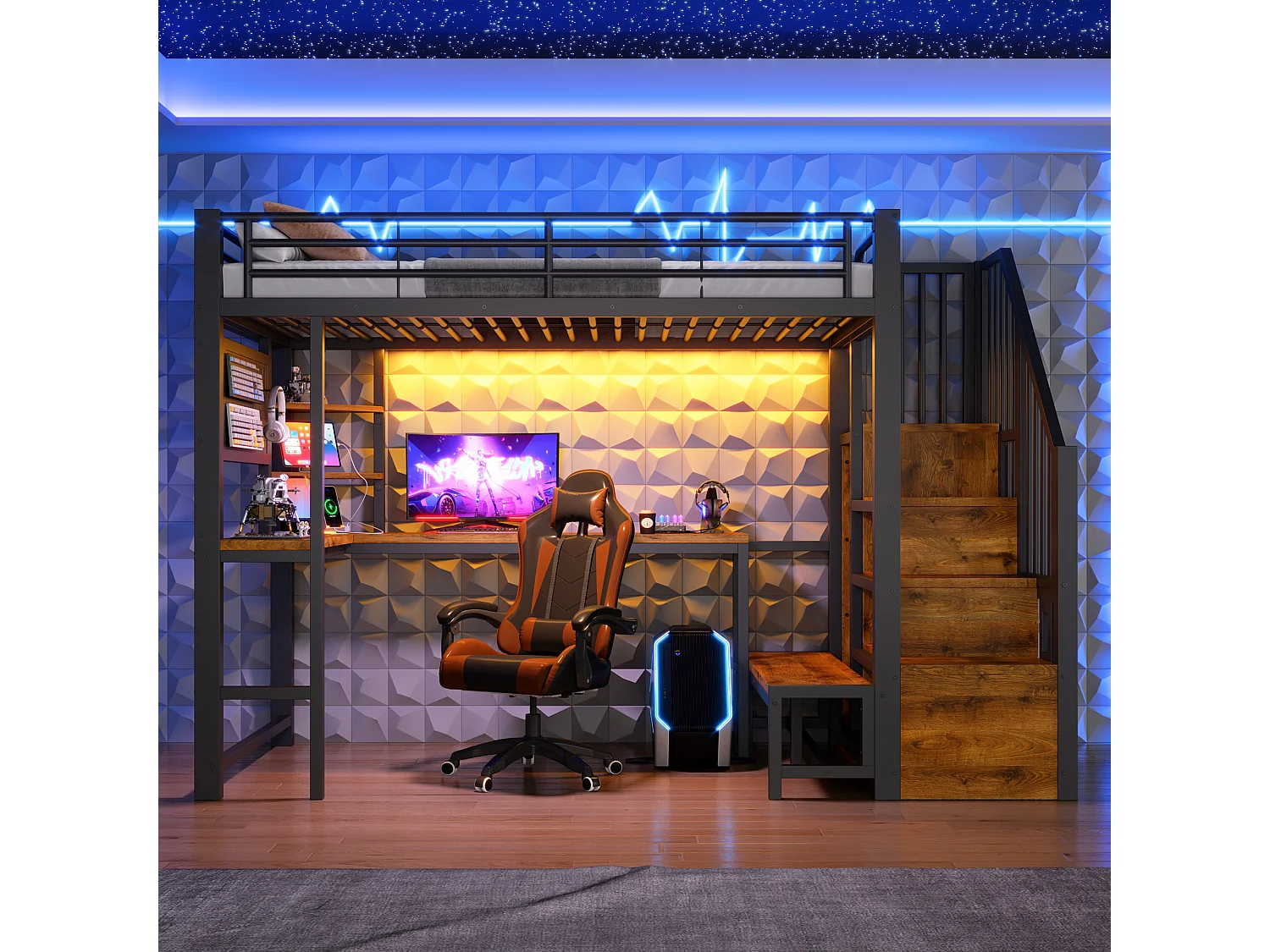 Loft bed 90 x 200 cm with desk, pegboard, shelves, LED and USB/USB-C ports - Metal + MDF - Black (Mattress not included)