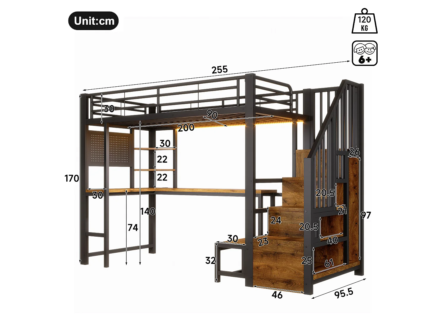 Loft bed 90 x 200 cm with desk, pegboard, shelves, LED and USB/USB-C ports - Metal + MDF - Black (Mattress not included)