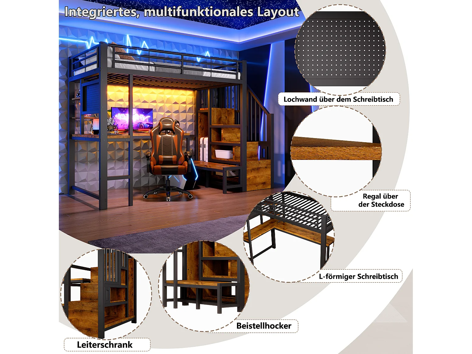 Loft bed 90 x 200 cm with desk, pegboard, shelves, LED and USB/USB-C ports - Metal + MDF - Black (Mattress not included)