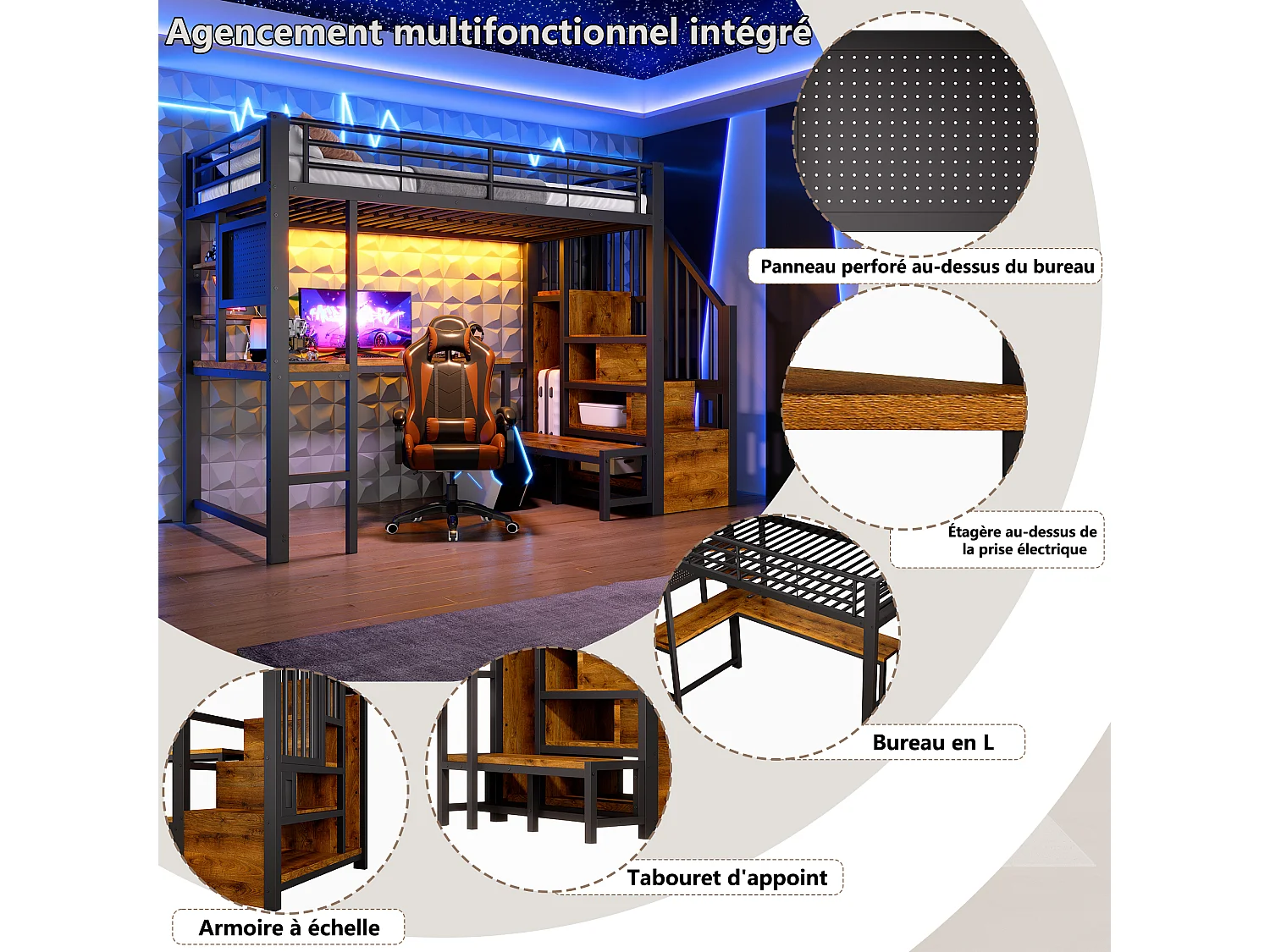 Loft bed 90 x 200 cm with desk, pegboard, shelves, LED and USB/USB-C ports - Metal + MDF - Black (Mattress not included)