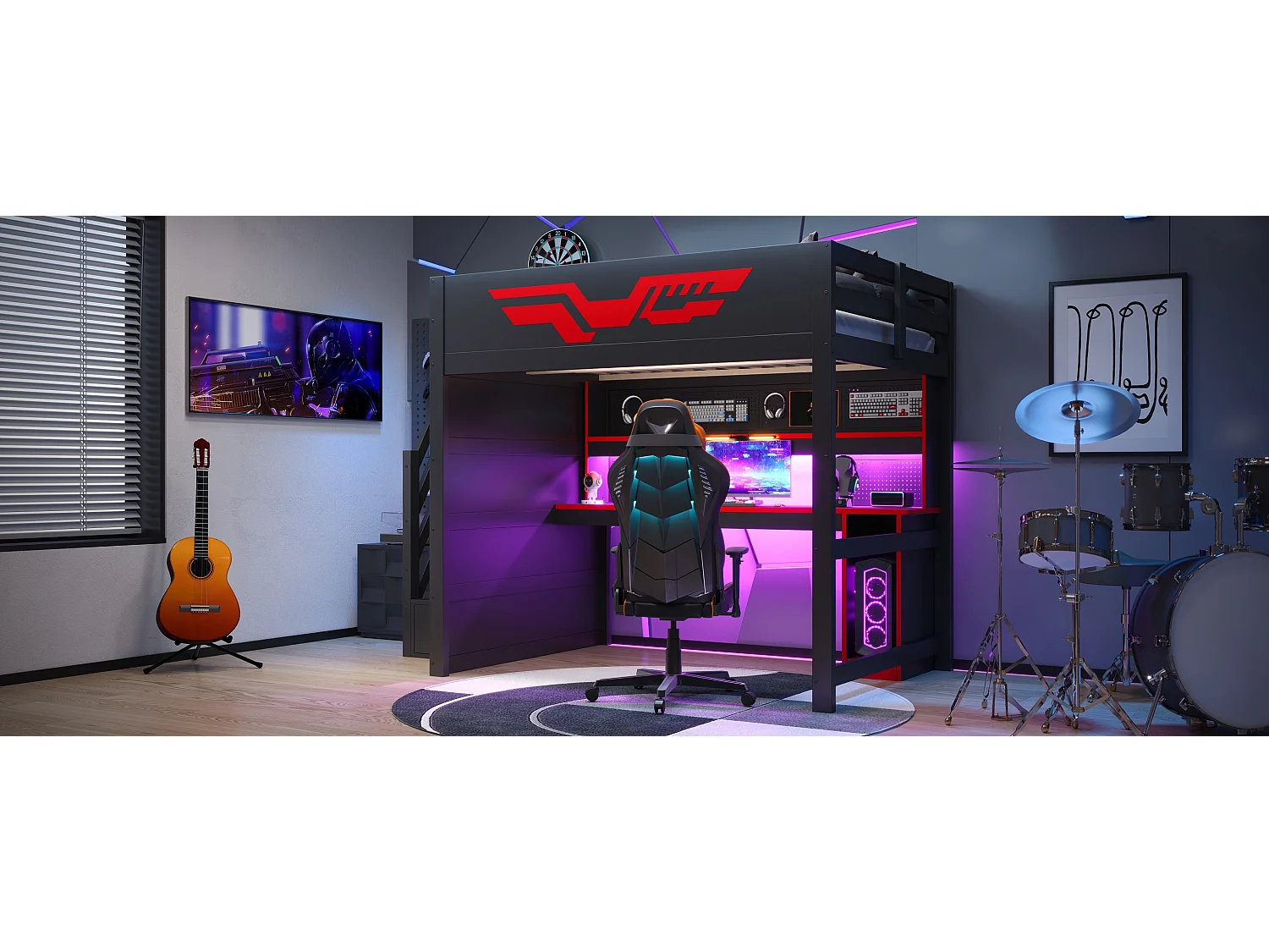 Loft bed 140 x 200 cm with desk, staircase with 4 storage compartments, LED lighting and USB port - Plywood + MDF - Black + red(Without mattress)