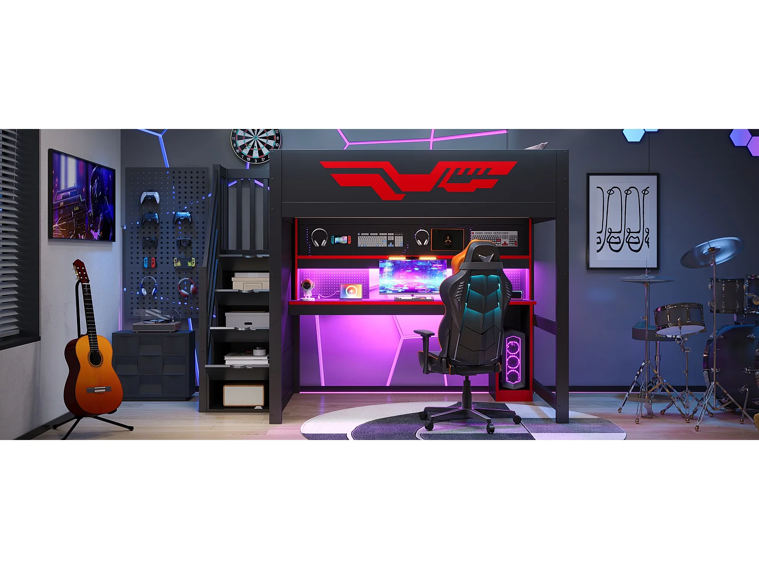 Loft bed 140 x 200 cm with desk, staircase with 4 storage compartments, LED lighting and USB port - Plywood + MDF - Black + red(Without mattress)