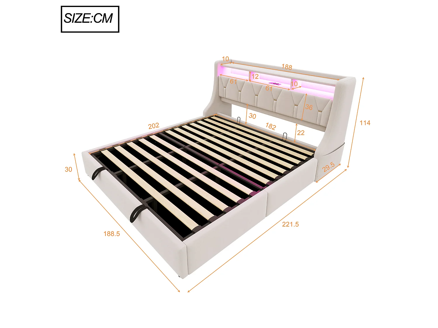 180 x 200 cm Bett mit Stauraum, Kopfteil, Steckdosen, USB Typ-C und LED-Beleuchtung - Samt - Beige (Matratze nicht im Lieferumfang enthalten)
