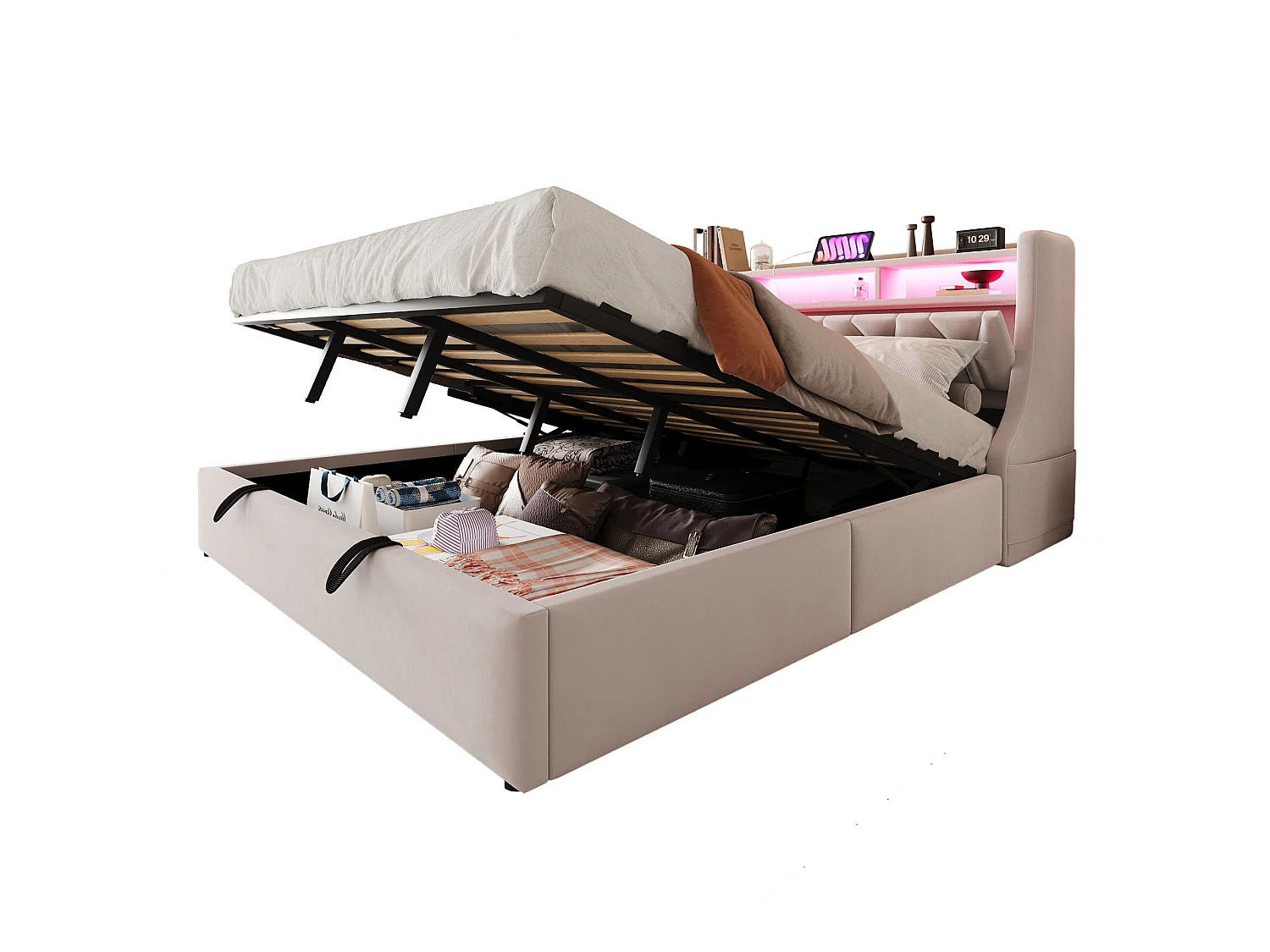 180 x 200 cm Bett mit Stauraum, Kopfteil, Steckdosen, USB Typ-C und LED-Beleuchtung - Samt - Beige (Matratze nicht im Lieferumfang enthalten)