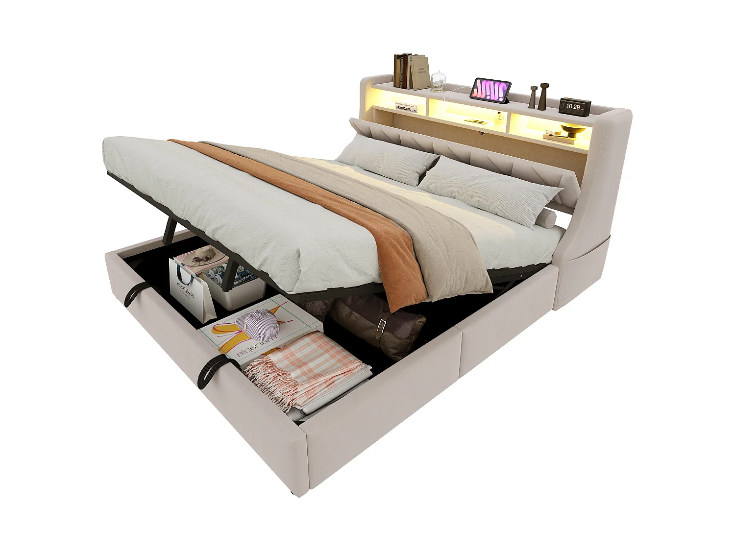 180 x 200 cm Bett mit Stauraum, Kopfteil, Steckdosen, USB Typ-C und LED-Beleuchtung - Samt - Beige (Matratze nicht im Lieferumfang enthalten)