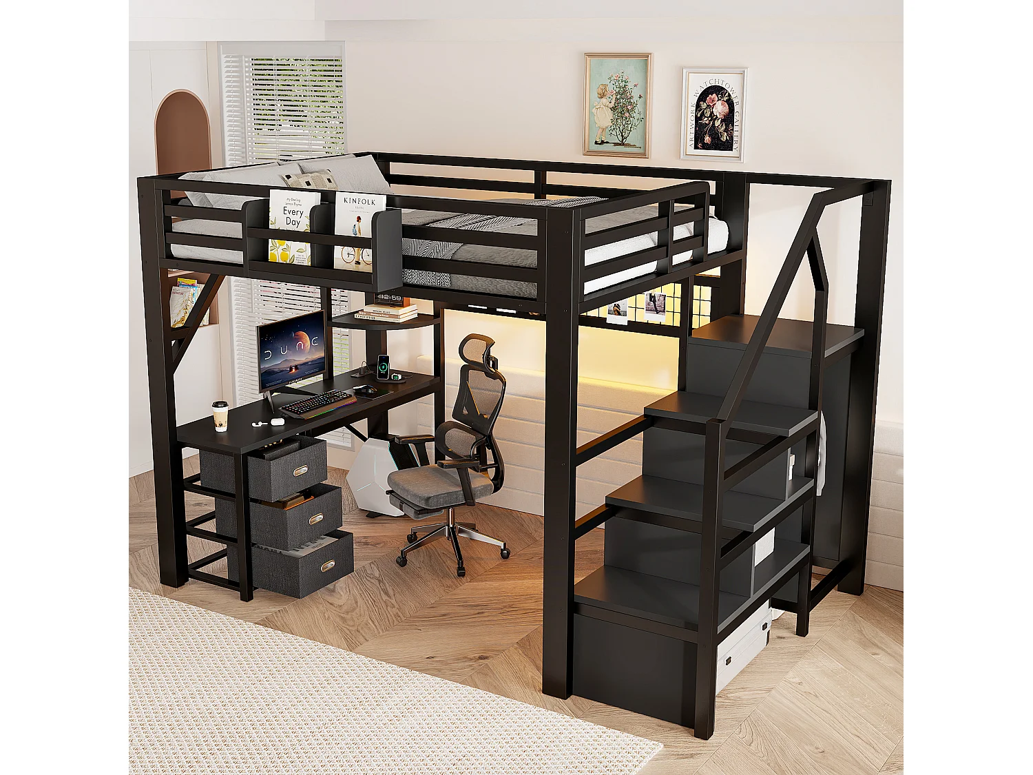 Loft bed 140 x 200 cm with desk, wardrobe, 3 fabric drawers and LED lighting - Metal - Black (Mattress not included)