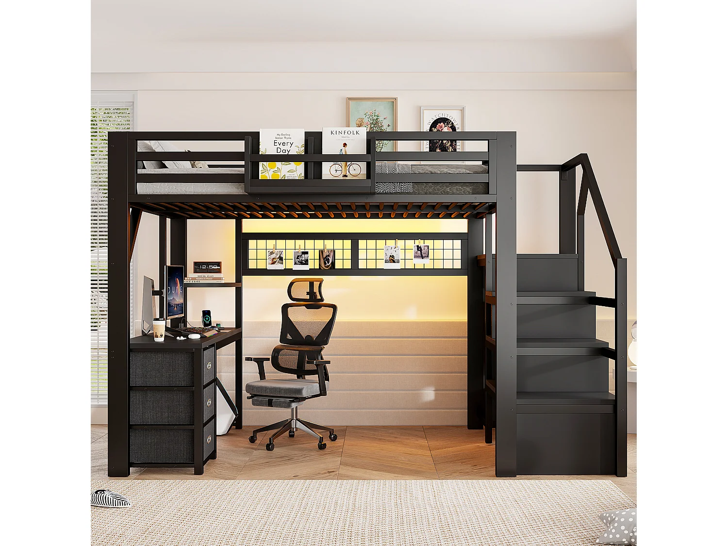 Loft bed 140 x 200 cm with desk, wardrobe, 3 fabric drawers and LED lighting - Metal - Black (Mattress not included)