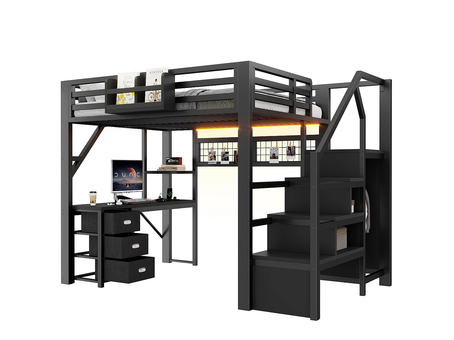 Loft bed 140 x 200 cm with desk, wardrobe, 3 fabric drawers and LED lighting - Metal - Black (Mattress not included)