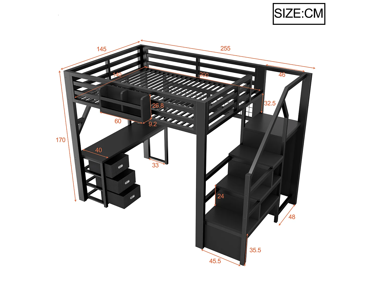 Loft bed 140 x 200 cm with desk, wardrobe, 3 fabric drawers and LED lighting - Metal - Black (Mattress not included)