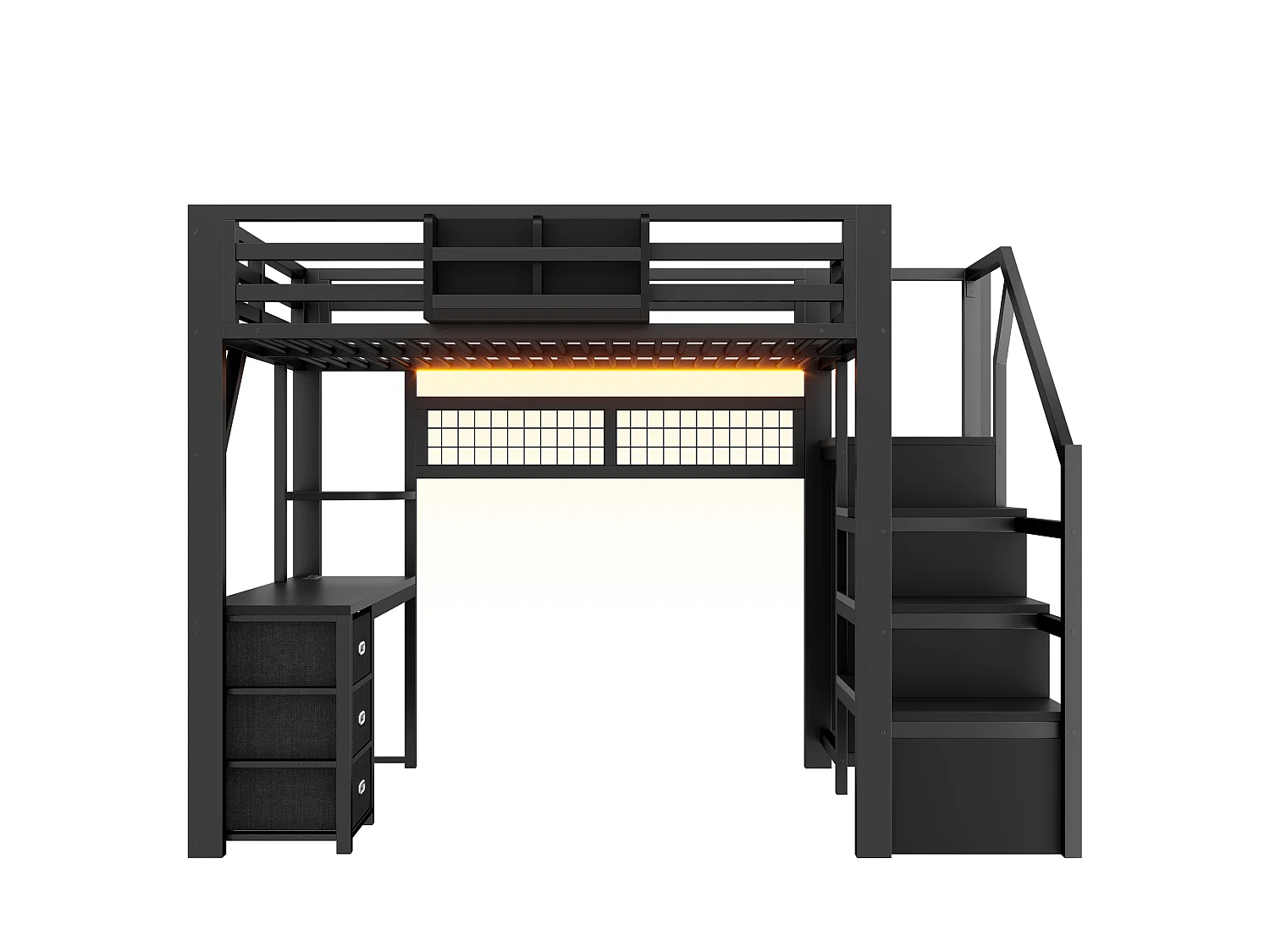 Loft bed 140 x 200 cm with desk, wardrobe, 3 fabric drawers and LED lighting - Metal - Black (Mattress not included)