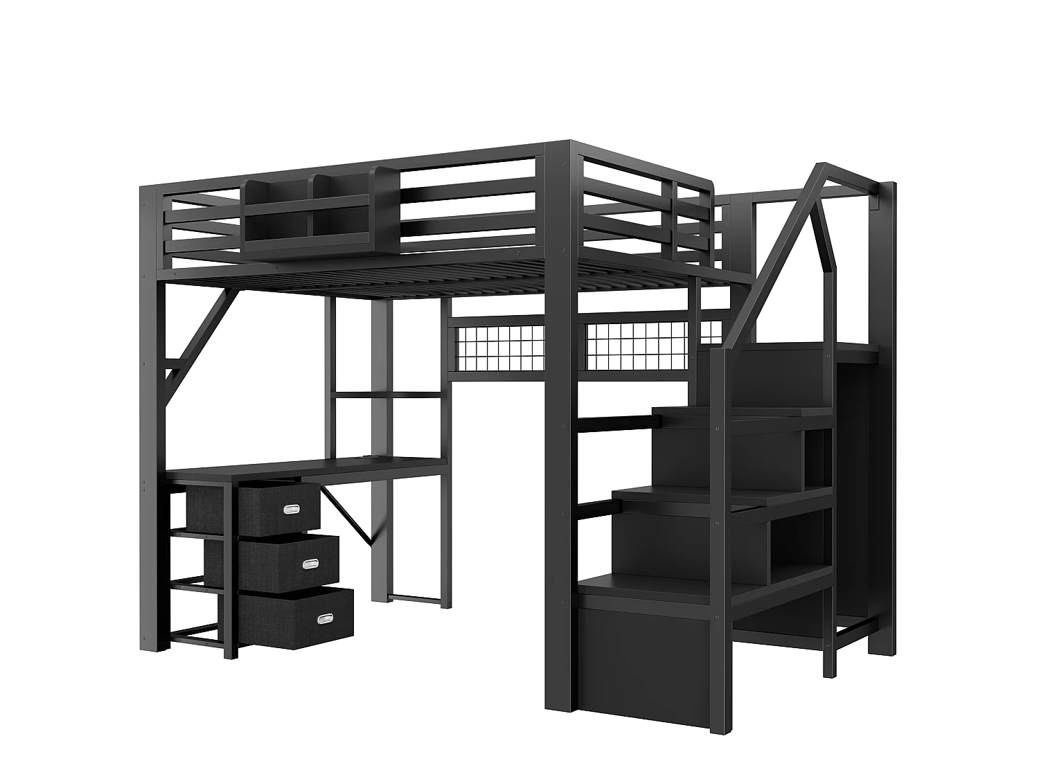 Loft bed 140 x 200 cm with desk, wardrobe, 3 fabric drawers and LED lighting - Metal - Black (Mattress not included)