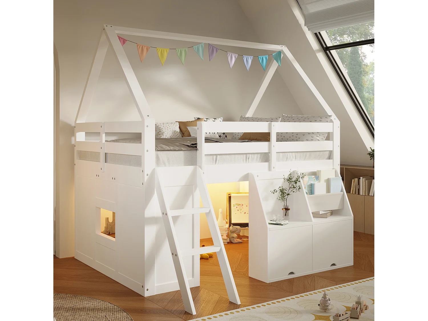 Hochbett im Hüttenstil, 140 x 200 cm, mit Treppe, Stauraum, LED-Beleuchtung und Stofftaschen - MDF + Kiefer - Weiß (Matratze nicht enthalten)