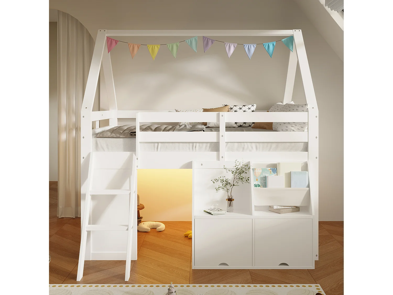 Hochbett im Hüttenstil, 140 x 200 cm, mit Treppe, Stauraum, LED-Beleuchtung und Stofftaschen - MDF + Kiefer - Weiß (Matratze nicht enthalten)