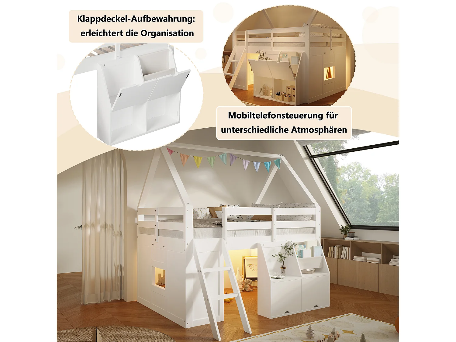 Hochbett im Hüttenstil, 140 x 200 cm, mit Treppe, Stauraum, LED-Beleuchtung und Stofftaschen - MDF + Kiefer - Weiß (Matratze nicht enthalten)