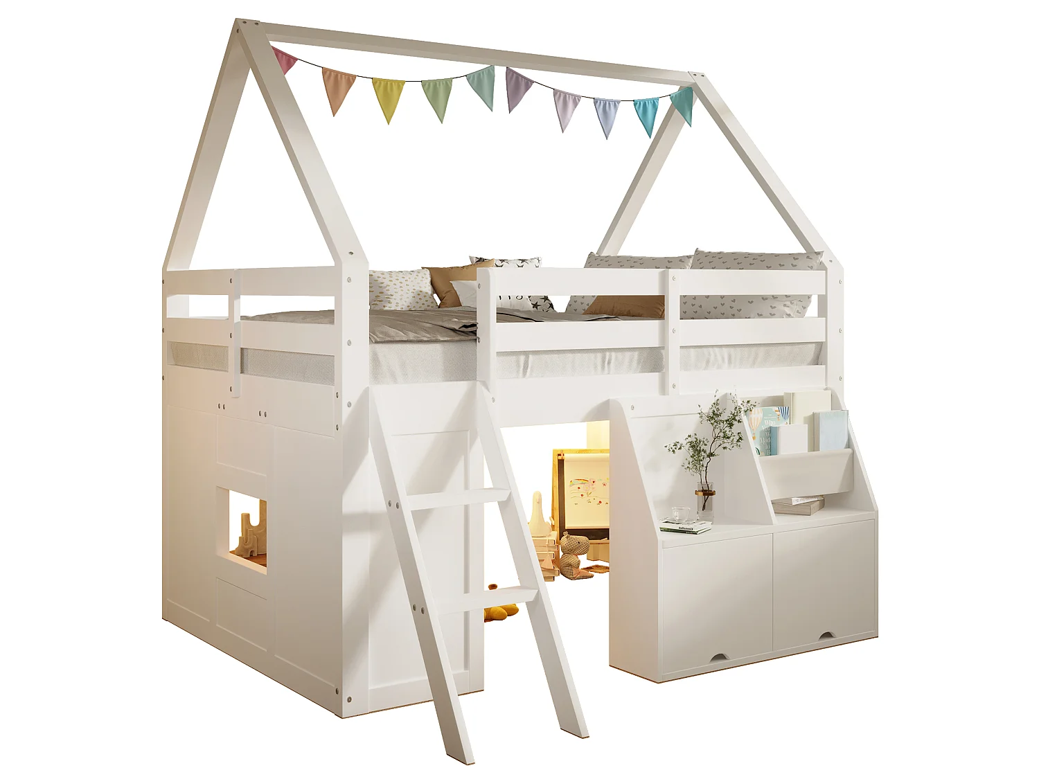 Hochbett im Hüttenstil, 140 x 200 cm, mit Treppe, Stauraum, LED-Beleuchtung und Stofftaschen - MDF + Kiefer - Weiß (Matratze nicht enthalten)