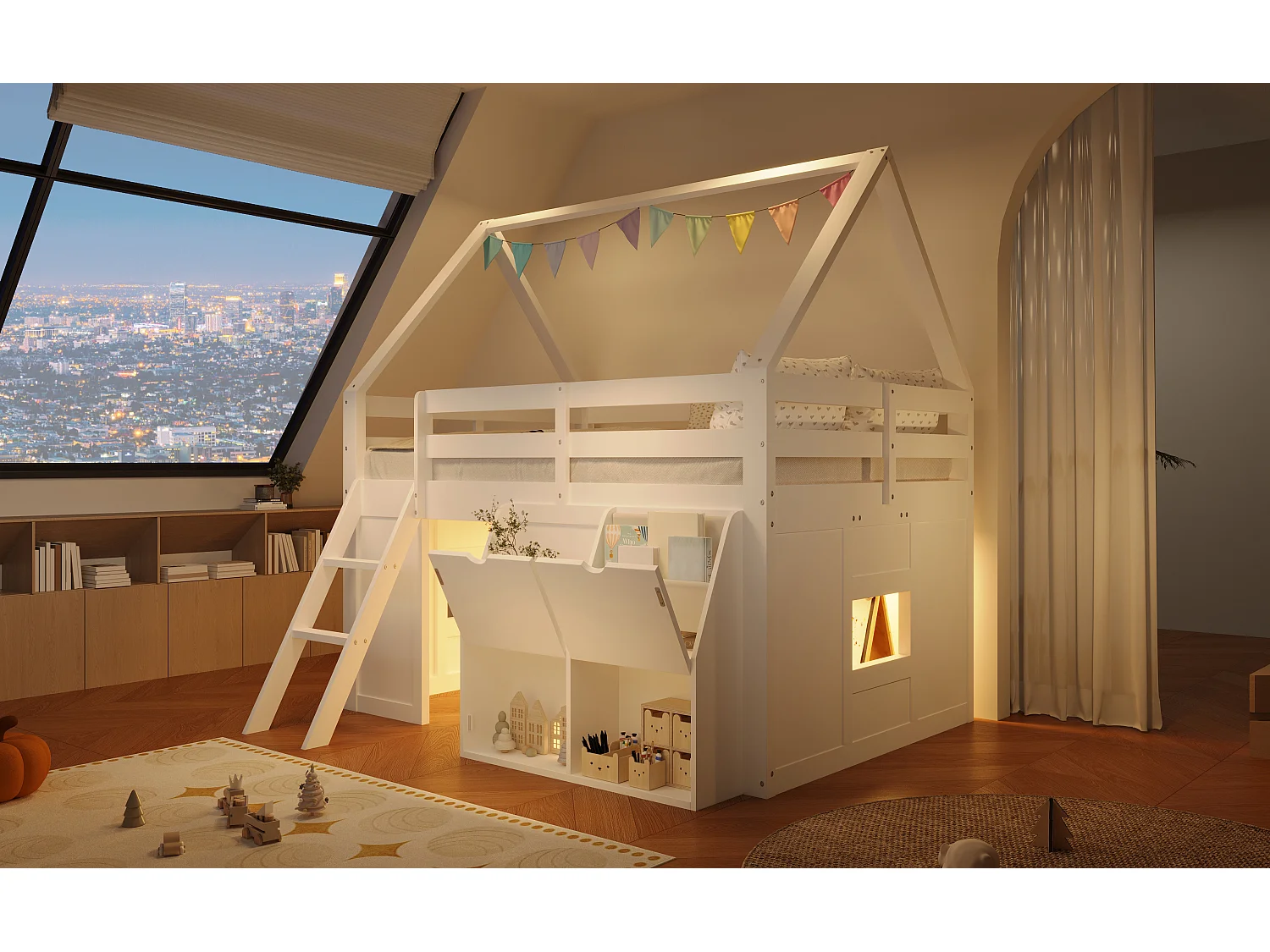 Hochbett im Hüttenstil, 140 x 200 cm, mit Treppe, Stauraum, LED-Beleuchtung und Stofftaschen - MDF + Kiefer - Weiß (Matratze nicht enthalten)