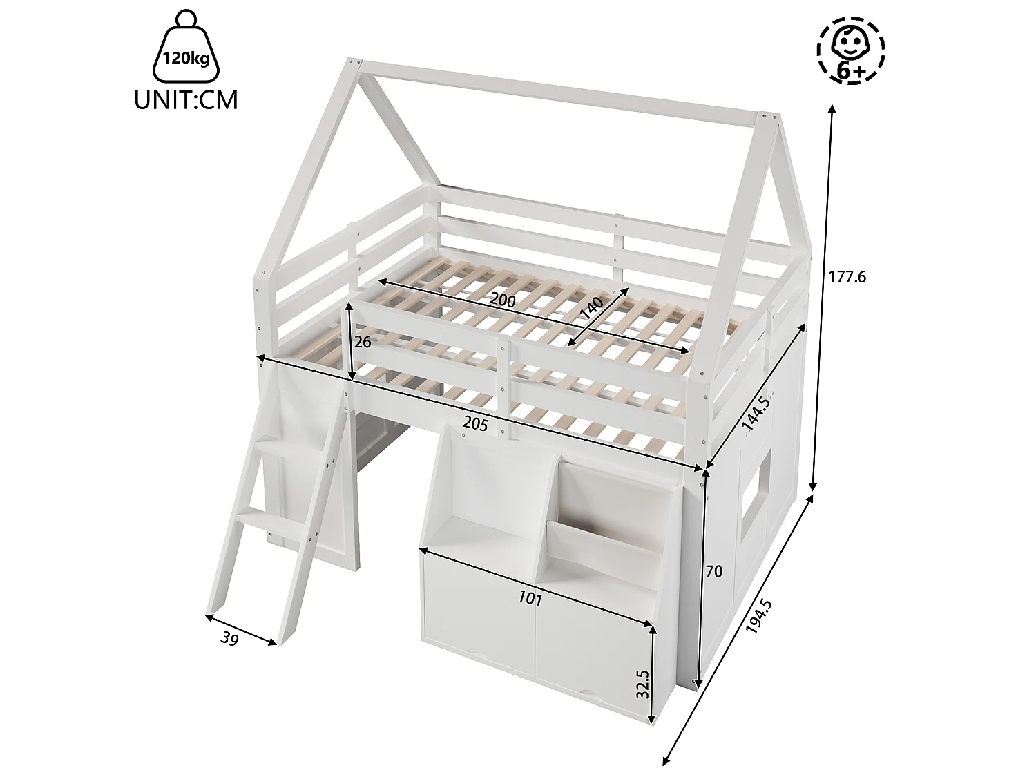 Hochbett im Hüttenstil, 140 x 200 cm, mit Treppe, Stauraum, LED-Beleuchtung und Stofftaschen - MDF + Kiefer - Weiß (Matratze nicht enthalten)