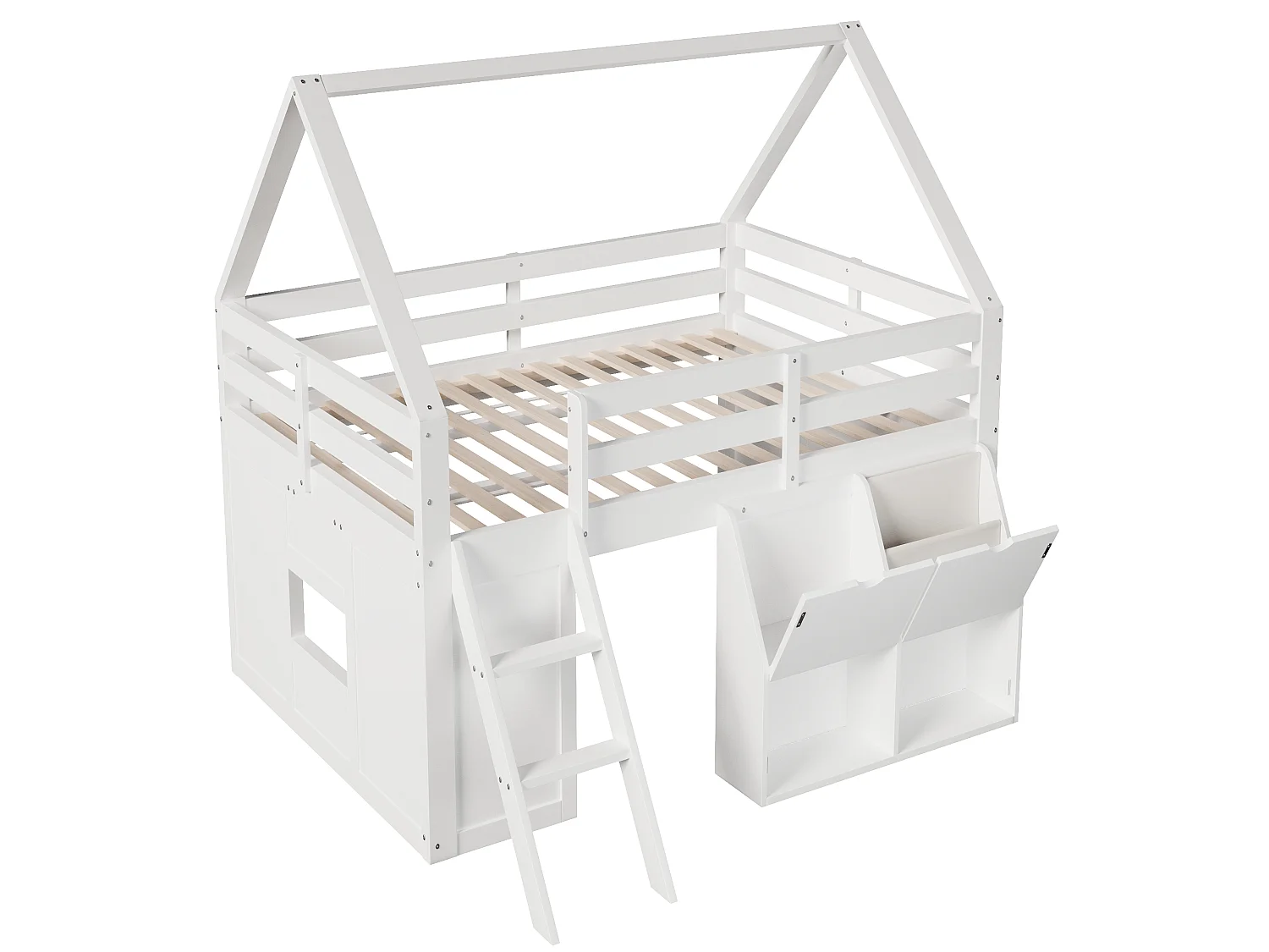 Hochbett im Hüttenstil, 140 x 200 cm, mit Treppe, Stauraum, LED-Beleuchtung und Stofftaschen - MDF + Kiefer - Weiß (Matratze nicht enthalten)