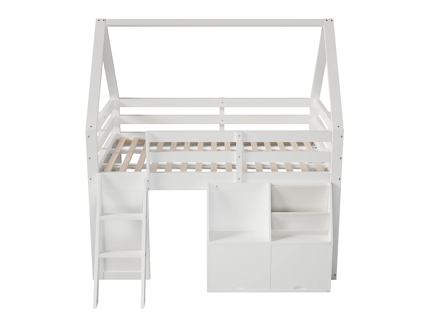 Hochbett im Hüttenstil, 140 x 200 cm, mit Treppe, Stauraum, LED-Beleuchtung und Stofftaschen - MDF + Kiefer - Weiß (Matratze nicht enthalten)