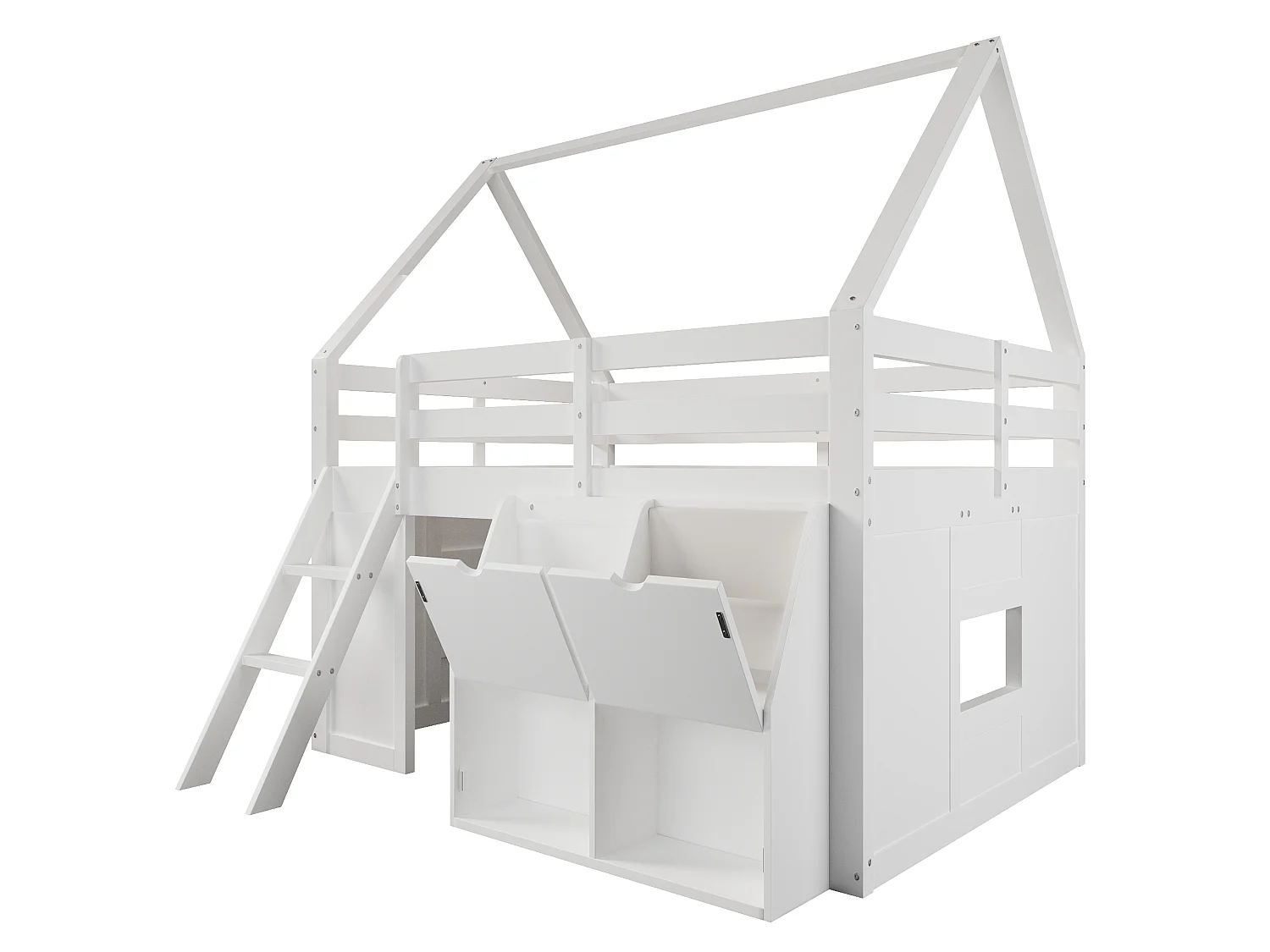 Hochbett im Hüttenstil, 140 x 200 cm, mit Treppe, Stauraum, LED-Beleuchtung und Stofftaschen - MDF + Kiefer - Weiß (Matratze nicht enthalten)