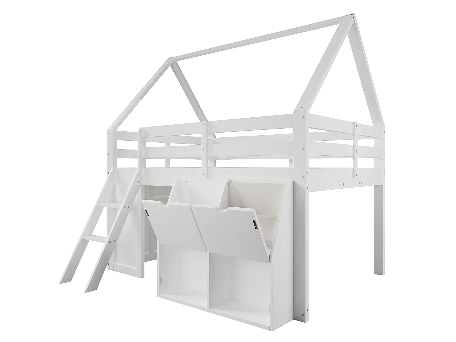 Hochbett im Hüttenstil, 140 x 200 cm, mit Treppe, Stauraum, LED-Beleuchtung und Stofftaschen - MDF + Kiefer - Weiß (Matratze nicht enthalten)