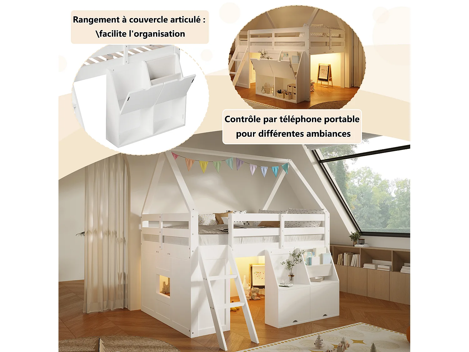 Hochbett im Hüttenstil, 140 x 200 cm, mit Treppe, Stauraum, LED-Beleuchtung und Stofftaschen - MDF + Kiefer - Weiß (Matratze nicht enthalten)